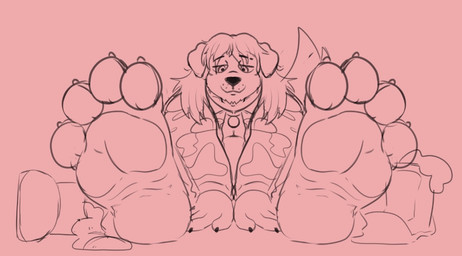 4_toes anthro barefoot camo claws clothed clothing collar feet floppy_ears foot_fetish foot_focus footwear hair long_hair male pawpads paws plantigrade simple_background sitting smile soles solo tail toe_claws toes topwear wrinkled_feet wrinkles adorkablecollin bird_dog canid canine canis domestic_dog hunting_dog mammal retriever sketch