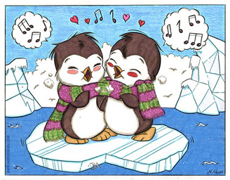 ambiguous_gender duo heart_symbol ice iceberg musical_note musical_symbol open_mouth scarf singing sky symbol toony water marinaneira avian bird penguin