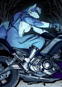 anthro barazoku black_boots black_clothing black_footwear blue_body blue_eyes blue_fur boots boots_only clothing footwear footwear_only fur looking_at_viewer male mostly_nude motorcycle muscular muscular_anthro muscular_male night nude_anthro nude_male riding_motorcycle shoes smug_grin solo vehicle white_body white_fur finn_0017 canid canine canis mammal wolf hi_res