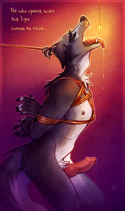 anthro arms_tied_behind_back back_tuft bdsm beads belly black_claws black_nipples black_nose black_pawpads blasphemy bodily_fluids bondage bound claws cross cross_necklace crying dripping fluffy fluffy_tail fur genitals glowing golden_rope gradient_background grey_body grey_fur hair_bondage hands_tied jewelry knot knotted_penis male markings neck_tuft necklace nipples occult_symbol open_mouth pawpads penis pentagram pink_penis prayer_beads pubes purple_background red_background religion restraints rope rope_bondage rosary saliva saliva_drip saliva_string scripture sebastian_(redpinetree) simple_background sketchy solo stress_position symbol tail tears text tongue tongue_out tuft warm_lighting white_belly white_body white_fur white_markings yellow_rope interkos borzoi canid canine canis domestic_dog hunting_dog mammal sighthound 2023 english_text hi_res