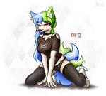 anthro black_clothing black_panties black_underwear blue_hair bra_straps clothing female fur geometric_background green_hair hair heterochromia legwear logo multicolored_hair multicolored_tail panties simple_background solo tail text thigh_highs tongue tongue_out underwear white_body white_fur nightfury2020 nike canid canine fox mammal artist_logo english_text hi_res