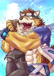 abs anthro blush bottomwear brown_body brown_fur brown_hair clothed clothing countershading duo eyes_closed eyewear fur goggles hair holding_partner hug human_on_anthro interspecies larger_anthro male male/male multicolored_body multicolored_fur muscular muscular_anthro muscular_male open_clothing open_mouth open_shirt open_topwear pants shirt size_difference smaller_human swimwear teeth tongue tongue_out topwear water white_body white_fur yellow_body yellow_fur pikako46 lifewonders live_a_hero barrel_(live_a_hero) canid canine canis human mammal wolf