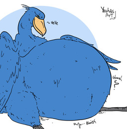 ambiguous_gender anthro beak belly big_belly blue_arms blue_belly blue_body blue_feathers blue_wings feathers green_eyes huge_belly overweight rumbling_stomach simple_background solo text white_background wings yellow_beak yauhasart avian bird pelecaniform shoebill 2025 english_text hi_res watermark
