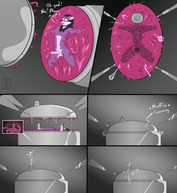 anthro balls begging bodily_fluids claustrophilia cum cumshot dripping ejaculation erection feet forced forced_orgasm fur genital_fluids genitals glans machine_bondage machine_sex male metal nude orgasm penis purple_body purple_fur screaming slime solo tentacles text tickle_torture tickling trapped tj-45 non_stop tojo canid canine mammal maned_wolf absurd_res comic english_text hi_res