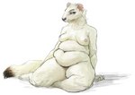 anthro belly breasts female fur nipples overweight overweight_anthro overweight_female pose simple_background sitting sitting_on_ground slightly_chubby solo white_background white_body white_fur cettus maren_sommer mammal mustelid musteline stoat true_musteline weasel 2021 pinup