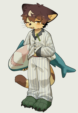 anthro blush clothing holding_object holding_plushie kemono looking_at_viewer male one_eye_closed open_mouth pajamas plushie shark_plushie simple_background solo tired white_background young young_anthro kuromu hinata_(kuromu) domestic_cat felid feline felis mammal 2026 absurd_res hi_res