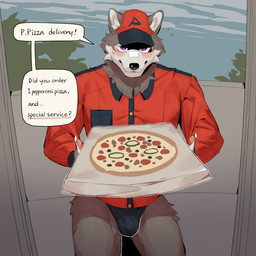 anthro athletic athletic_anthro athletic_male bandage bandage_on_face bandage_on_nose black_briefs black_clothing black_underwear blush bodily_fluids box briefs claws clothing container countershade_fur countershading delivery_(commerce) food_delivery fur grey_body grey_fur imminent_sex male pawpads pink_eyes pink_pawpads pizza_box pizza_delivery solo speech_bubble sweat sweatdrop tenting text underwear white_body white_claws white_countershading white_fur impwitter canid canine canis mammal wolf 1:1 english_text hi_res