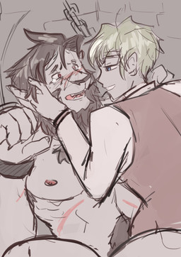 anthro areola armpit_hair blue_eyes body_hair bound chain chained chest_fur clothed clothed/nude clothed_male clothing duo eyebrows fully_clothed fur hair human_on_anthro interspecies male male/male mane muscular muscular_anthro muscular_male nipples nude open_mouth pubes questionable_consent scar shirt teeth topwear vest hickeybickeyboo felid human lion mammal pantherine 2023 digital_media_(artwork) hi_res sketch