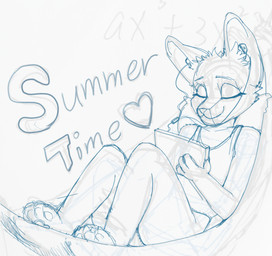 anthro bent_legs clothing electronics female hammock headphones holding_object inner_ear_fluff listening lying on_back pawpads paws phone_screen pillow solo summer swimwear tuft istrid_valentina canid canine canis domestic_dog fox hybrid mammal hi_res monochrome