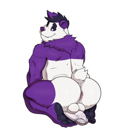 anthro balls bent_legs black_hair butt butt_focus erection feet genitals glans hair looking_back male neck_tuft nude on_knee pawpads paws penis penis_on_paws purple_and_white_body purple_eyes seductive simple_background sitting sitting_on_ground soles solo tail tuft white_background seyrmo panfluff_(panfluff) bear giant_panda mammal 2026 hi_res