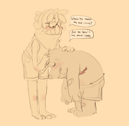 anthro band-aid band-aid_on_arm bandage bent_over blush bodily_fluids bottomwear canon_couple clothed clothing dialogue duo eyes_closed eyewear fangs glasses hair half-closed_eyes hand_on_back hand_on_head looking_at_another male male/male narrowed_eyes romantic romantic_couple scar sharp_teeth shirt shorts simple_background speech_bubble standing sweat tank_top teeth text topwear yellow_background shaibey bugsnax young_horses chandlo_funkbun snorpington_fizzlebean grumpus 2022 digital_media_(artwork) english_text hi_res procreate_(artwork) sketch