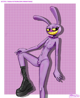 anthro balls blush blush_lines clothed clothing crossdressing crossdressing_male femboy feminization flaccid footwear foreskin genitals long_ears male nipples penis purple_body purple_skin shoes smile solo teeth text yellow_eyes yellow_sclera hornyfudge glitch_productions the_amazing_digital_circus jax_(tadc) lagomorph leporid mammal rabbit absurd_res hi_res url