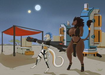 action_pose anthro armor big_breasts blue_eyes blue_hair bottomwear breasts brown_body brown_fur brown_hair clothed clothing crate duo extractor fur gynomorph hair intersex larger_gynomorph larger_intersex loincloth long_tail male markings nature open_mouth plant pose scales science_fiction size_difference sky smaller_male smile standing sun tail text tree two_suns walking weapon white_body white_scales yellow_eyes wolfarion aldqueath felid lion mammal pantherine scalie 2021 artist_name colored shaded