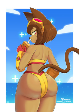 anthro big_butt bikini biped black_nose breasts brown_ears brown_hair brown_tail butt clothed clothed_anthro clothed_female clothing female female_anthro hair juice_box looking_at_viewer looking_back looking_back_at_viewer red_eyes solo standing swimwear tail two-piece_swimsuit whiskers yellow_bikini yellow_clothing yellow_sclera yellow_swimwear byghosteduard gameoverse glitch_productions kit_bodega domestic_cat felid feline felis mammal absurd_res hi_res