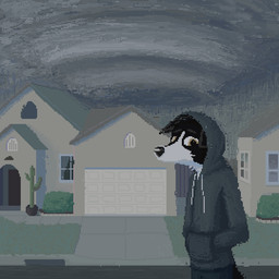 anthro black_body black_fur building cactus clothing detailed_background fur grey_clothing grey_hoodie grey_sky grey_topwear hoodie house male outside plant sky solo standing topwear white_body white_fur demensa canid canine canis domestic_dog mammal 1:1 2021 digital_media_(artwork) pixel_(artwork)