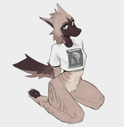anthro barely_visible_genitalia barely_visible_vulva bottomless bottomless_female clothed clothing crossgender female genitals green_eyes humanoid_genitalia humanoid_vulva kneeling looking_at_viewer multicolored_body paws pubes shirt shirt_only simple_background solo t-shirt t-shirt_only topwear topwear_only vulva white_background syn-6 halloween_(films) shekh hyena mammal hi_res sketch