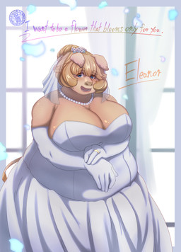 anthro armwear big_breasts breasts brown_body brown_hair cleavage clothed clothing curtains digit_ring dress ears_down elbow_gloves female female_anthro flower freckled_breasts freckled_face freckles glistening glistening_breasts gloves hair handwear huge_breasts jewelry overweight overweight_anthro overweight_female petals pivoted_ears plant ring short_hair solo text thick_thighs wedding_dress wedding_ring white_clothing white_dress white_flower white_gloves white_handwear wide_hips window sasanoha6011 eleanor_(sasanoha6011) domestic_pig mammal suid suine sus_(pig) character_name english_text hi_res
