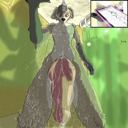 anthro bathroom big_penis brown_body brown_fur camera dripping dripping_wet fur genitals male penis phone_camera phone_screen shower solo vincent_winter voyeur wet wet_body wet_fur weenpeen canid canine canis mammal wolf 1:1 hi_res