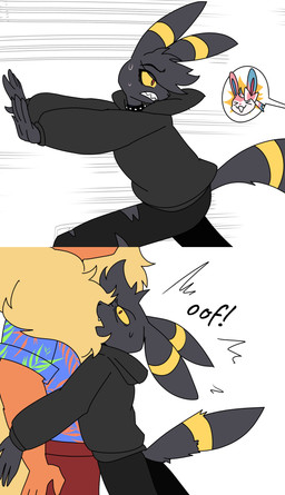 aloha_shirt anthro black_body blue_eyes bodily_fluids clothing collar duo male pattern_clothing pattern_shirt pattern_topwear red_eyes running shirt spiked_collar spikes sweat sweatdrop tail topwear yellow_sclera odeko-yma nintendo pokemon blitz_(odeko-yma) lucky_(odeko-yma) pix_(odeko-yma) eeveelution flareon generation_1_pokemon generation_2_pokemon generation_6_pokemon pokemon_(species) sylveon umbreon 2025 absurd_res comic digital_media_(artwork) hi_res