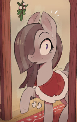 anthro blush bodily_fluids christmas_clothing clothing female fur grey_body grey_fur grey_hair hair holidays hooves inside mistletoe open_mouth plant purple_eyes quadruped solo surprised sweat tail nookprint christmas friendship_is_magic hasbro my_little_pony marble_pie_(mlp) earth_pony equid equine horse mammal pony absurd_res hi_res
