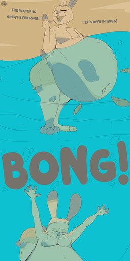 3_toes age_difference anthro belly belly_overhang big_belly bottomwear bubbling clothing digestion duo exclamation_point eyes_closed feet fur gills grey_body grey_fur grey_spots grey_text huge_belly male male/male navel onomatopoeia overweight overweight_anthro overweight_male rumbling_stomach sand sea shorts sound_effects spots tan_body tan_fur text thick_thighs toes underwater vore water afraart ben-bun_(afraart) greg_(afraart) aquatic canid canine canis fish lagomorph leporid mammal rabbit wolf absurd_res hi_res