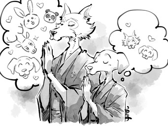 anthro asian_clothing clothing duo duo_focus east_asian_clothing eyes_closed folded_ears group heart_symbol japanese_clothing kemono kimono love male male/male pointy_ears praying thought_bubble shirako beastars gouhin_(beastars) haru_(beastars) jack_(beastars) legoshi_(beastars) louis_(beastars) bear bird_dog canid canine canis deer domestic_dog giant_panda hunting_dog labrador lagomorph leporid mammal rabbit retriever wolf 4:3 greyscale hi_res monochrome shaded