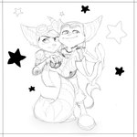 anthro blush carrying_another carrying_partner duo eyewear female goggles male prosthetic prosthetic_arm prosthetic_limb romantic romantic_couple smile star stripes whitestia ratchet_and_clank sony_corporation sony_interactive_entertainment ratchet_(ratchet_and_clank) rivet_(ratchet_and_clank) lombax mammal absurd_res hi_res monochrome