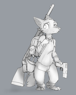 anthro backpack band-aid bandage barefoot cheek_tuft clothed clothing facial_tuft feet fully_clothed fur grey_background gun head_tuft holding_gun holding_object holding_ranged_weapon holding_weapon inner_ear_fluff ranged_weapon rifle simple_background solo standing tuft weapon zhanbow canid canine fox mammal 2020 absurd_res hi_res monochrome