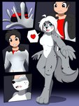 anthro biped black_ears black_hair black_nose blue_eyes blush bottomwear breasts brown_eyes clothed clothing countershade_face countershade_fur countershade_neck countershade_tail countershade_torso countershading featureless_breasts featureless_crotch fur gender_transformation goo_transformation grey_body hair human_to_anthro leopard_spots looking_at_viewer mtf_transformation navel nervous open_mouth pants reaching_towards_viewer smile solo species_transformation spots standing tail topwear transformation transformation_sequence white_body white_countershading white_hair white_inner_ear wolferion john_(swack16) maeve_(twokinds) felid human mammal pantherine snow_leopard 2019 3:4 colored comic hi_res