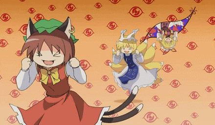 animated_gif blonde_hair brown_hair clothing dancing dress eyes_closed female fist footwear group hair happy hat headgear headwear japanese multi_tail open_mouth portal raised_arm red_eyes ribbons shoes short_hair smile tail tan_body tan_skin tongue trio upside_down unknown_artist touhou chen_(touhou) ran_yakumo yukari_yakumo animal_humanoid canid canid_humanoid canine canine_humanoid cat_humanoid felid felid_humanoid feline feline_humanoid fox_humanoid human humanoid mammal mammal_humanoid 2d_animation animated frame_by_frame low_res motion_tweening short_playtime source_request
