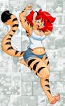 anthro big_breasts black_stripes blue_eyes bottomwear breasts chest_tuft clothed clothing denim denim_clothing female fur hair inner_ear_fluff navel open_mouth orange_body orange_fur red_hair shirt short_hair shorts smile solo stripes topwear tuft chalo caribbean_blue las_lindas tina_(caribbean_blue) felid mammal pantherine tiger 5:8 hi_res