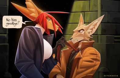 5_fingers accessory anthro big_breasts black_nose breasts brown_body brown_fur button_(fastener) cheek_tuft clothing clothing_pull collared_shirt countershade_neck countershade_snout countershading dominant dominant_female duo ears_back ears_up facial_tuft fangs female fingers fur gloves green_eyes grimace hair handwear high_collar holding_tie inner_ear_fluff jacket larger_female male male/female necktie necktie_grab necktie_pull outside pivoted_ears pointy_ears red_hair shirt size_difference smaller_male smile smiling_at_another smiling_at_partner snout speech_bubble teeth topwear tuft vest wall_(structure) yellow_body yellow_eyes yellow_fur hiverdose ilia_(hiverdose) irv_(hiverdose) canid canine canis jackal mammal digital_media_(artwork) hi_res
