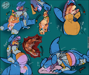 abdominal_bulge anal anal_penetration animal_genitalia armor balls bite bite_mark bite_mark_on_arm blush blush_lines bodily_fluids burping cum cum_drip cum_in_ass cum_inside dialogue dripping duo electronics from_front_position game_over gameplay_mechanics genital_fluids genitals gui headphones health_bar internal knot knotted_penis losing_health male male/male neck_bulge open_mouth penetration penis scarf sheath simple_background sitting size_difference sleeping speech_bubble text tongue tongue_out vore asbel_lhant conditional_dnp nintendo pokemon cobalt_(totodileweeb18) fan_character flint_(blazingflare) floatzel gabite generation_4_pokemon pokemon_(species) 2025 absurd_res digital_drawing_(artwork) digital_media_(artwork) english_text hi_res sequence