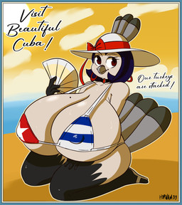 anthro beach beak big_breasts bikini black_hair breasts choker clothing ear_piercing ear_ring feathers female footwear hair hat headgear headwear huge_breasts hyper hyper_breasts jewelry kneeling markings mole_(marking) mole_on_breast necklace nipple_outline non-mammal_breasts paper_fan piercing ring_piercing sand sandals seaside shoes solo swimwear tail tail_feathers text two-piece_swimsuit water hornamoo la_pavita_pechugona pavita_pechugona avian bird galliform phasianid turkey 2025 digital_media_(artwork) english_text hi_res