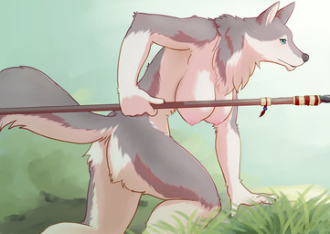 anthro areola big_breasts black_nose blue_eyes breasts female female_anthro fur grass grey_body grey_fur holding_object holding_weapon kemono melee_weapon nipples nude outside plant polearm solo spear weapon white_body white_fur ryu_masakaze canid canine canis mammal wolf