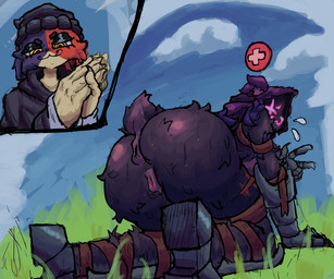 anthro anus big_butt bodily_fluids butt duo female female/female fur genitals hood presenting presenting_hindquarters purple_body purple_fur smile smirk sweat tail vulva yuann0o0 epic_games fortnite meow_skulls raven_team_leader bear felid feline mammal 6:5 absurd_res hi_res