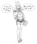 anthro bottomwear breasts clothing dialogue eyewear female glasses holding_milk_bag legwear looking_at_viewer milk_bag rectangular_glasses shirt shorts simple_background smile solo standing text thigh_highs topwear white_background comictf lazuli_delarosa lagomorph leporid mammal rabbit 2020 english_text monochrome