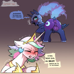 anus armor backsack balls black_text blush blush_lines bodily_fluids butt clothing crossgender crown cute_fangs cutie_mark dialogue duo eyes_closed fangs feral footwear fur genitals gradient_background hair headgear hooves horn logo looking_back male male/male mane multicolored_hair multicolored_mane open_mouth puffy_anus shaking simple_background speech_bubble sweat tail teal_eyes teeth text tremble_lines trembling white_body white_fur wings cold-blooded-twilight friendship_is_magic hasbro my_little_pony mythology princess_celestia_(mlp) princess_luna_(mlp) equid equine mammal mythological_creature mythological_equine winged_unicorn 1:1 2026 artist_logo artist_name english_text hi_res sibling_(lore)