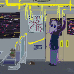 anthro black_clothing black_shirt black_topwear blue_bottomwear blue_clothing blue_pants bottomwear clothing detailed_background door food fur grey_body grey_fur inside inside_train male pants pink_nose shirt solo topwear train trash vehicle demensa american_opossum mammal marsupial virginia_opossum 2018 digital_media_(artwork) pixel_(artwork)