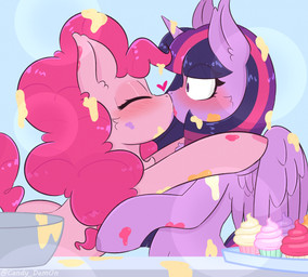 blush bowl chest_tuft container cupcake curly_mane duo eyes_closed feathered_wings feathers female female/female female_feral feral food frosting fur horn hug kissing light mane messy nose_wrinkle pink_body pink_fur pink_mane purple_wings scrunchy_face surprise_kiss tuft wings candy_dem0n friendship_is_magic hasbro my_little_pony mythology pinkie_pie_(mlp) twilight_sparkle_(mlp) earth_pony equid equine horse mammal mythological_creature mythological_equine pony winged_unicorn absurd_res colored digital_drawing_(artwork) digital_media_(artwork) hi_res lighting