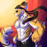 anthro fluffy light male muscular solo sunset madness_combat madness_combat_(series) sanford_(madness_combat) felid feline mammal pantherine tiger 1:1 hi_res lighting