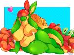 abstract_background anthro anthrofied apple big_breasts bodily_fluids breasts curvy_figure duo female floppy_ears food fruit green_body heart_eyes heart_symbol huge_breasts lactating long_ears lounging multicolored_body nipples non-mammal_breasts non-mammal_nipples nude overweight plant pose slightly_chubby smile solo_focus thick_thighs voluptuous wide_hips yellow_body mcpippypants nintendo pokemon appletun applin elemental_creature flora_fauna food_creature generation_8_pokemon living_fruit pokemon_(species) scalie digital_media_(artwork) full-length_portrait hi_res pinup portrait