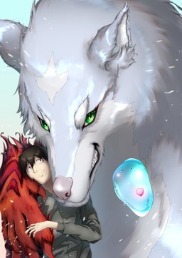 domestic_pet feral green_eyes group male master size_difference smile trio n_yoharu campfire_cooking_in_another_world_with_my_absurd_skill fel_(campfire_cooking) mukoda_tsuyoshi sui_(campfire_cooking) canid canine canis goo_creature human mammal wolf absurd_res hi_res
