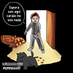 ambiguous_gender brown_body brown_fur dialogue door duo feces feral fur log male pooping screaming squeal text wood young young_ambiguous young_feral inshi_(artist) fluffy_pony fluffy_pony_(species) human mammal 1:1 absurd_res comic hi_res spanish_text