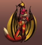 2014 anthro breasts canid canine drxsmokey female fox fur hair looking_at_viewer mammal membrane_(anatomy) membranous_wings pink_hair red_body red_fur ruby_(drxsmokey) simple_background solo stick white_body white_fur wings yellow_eyes