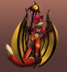 anthro breasts female fur hair looking_at_viewer membrane_(anatomy) membranous_wings pink_hair red_body red_fur simple_background solo stick white_body white_fur wings yellow_eyes drxsmokey ruby_(drxsmokey) canid canine fox mammal 2014