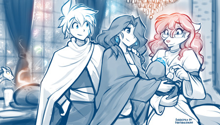 5_fingers anthro biped bottomwear breasts claws clothed clothed_anthro clothed_female clothed_human clothed_male clothing female finger_claws fingers front_view fully_clothed fully_clothed_anthro fully_clothed_female fully_clothed_human fully_clothed_male fur group hair inside male smile standing tail topwear trio conditional_dnp tom_fischbach twokinds lady_nora_(twokinds) roselyn_(twokinds) saria_legacy trace_legacy human keidran mammal 2025 7:4 digital_drawing_(artwork) digital_media_(artwork) hi_res