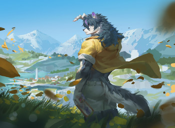anthro black_nose blue_body blue_fur blue_hair blue_sky bottomwear clothed clothing day fur grass grey_bottomwear grey_clothing grey_pants hair holding_object kemono looking_at_viewer male mountain mouth_closed open_clothing open_topwear pants plant purple_eyes side_view sky solo standing topwear white_body white_fur yellow_clothing yellow_topwear awaldkize canid canine mammal absurd_res hi_res