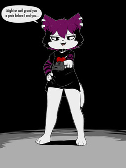 anthro bad_gun_safety barefoot bottomless bottomless_female clothed clothing collar feet female fluffy gun hand_on_hip handgun looking_at_viewer pear-shaped_figure pistol ranged_weapon shirt shirt_only solo talking_to_viewer text threatening_violence threatening_with_weapon topwear topwear_only weapon wide_hips e254e veronica_(e254e) domestic_cat felid feline felis mammal 3:4 absurd_res english_text hi_res