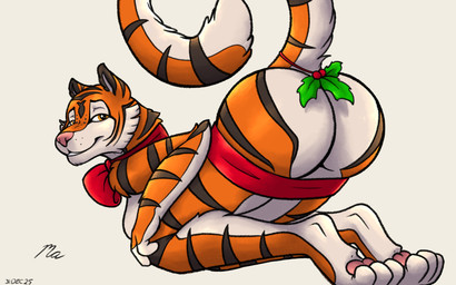 accidental_holly anthro butt female holidays holly_(plant) looking_back plant solo wrapped_up magnificent-arsehole christmas elizaveta_(magnificent-arsehole) felid feline mammal pantherine tiger 16:10 hi_res widescreen